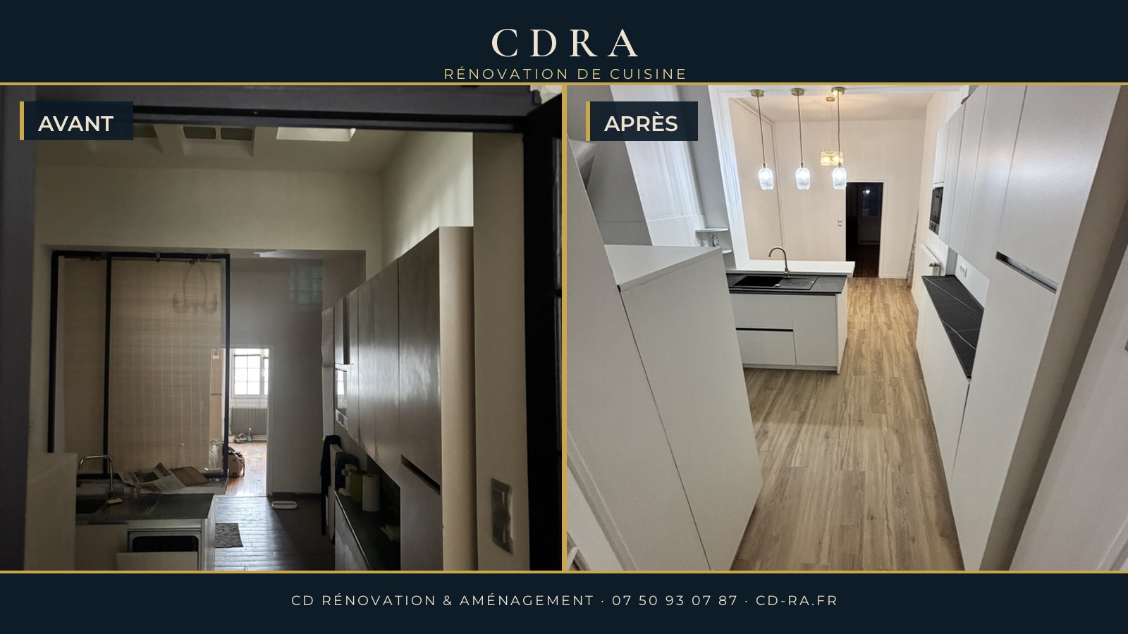 Rénovation de cuisine en Indre-et-Loire : avant et après, cuisine blanche et plan de travail marbre noir
