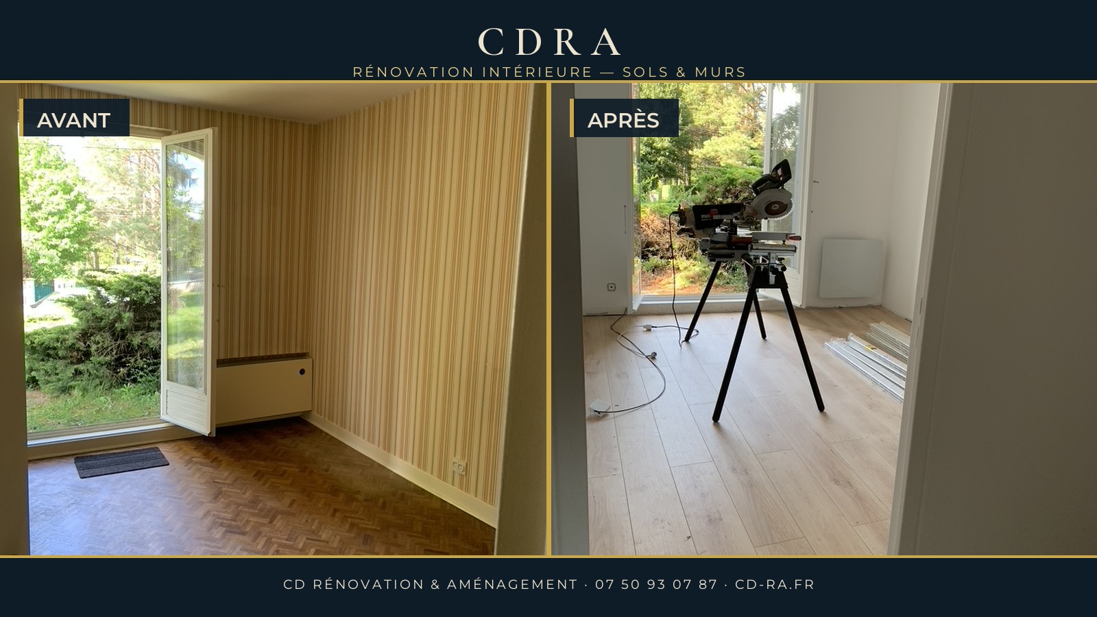 Rénovation intérieure d'une pièce : murs et sols refaits, avant et après