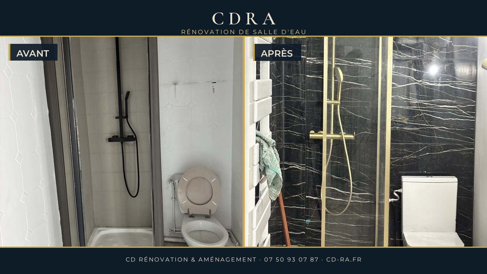 Rénovation complète de salle d'eau à Tours : avant et après, faïence marbre noir et robinetterie dorée